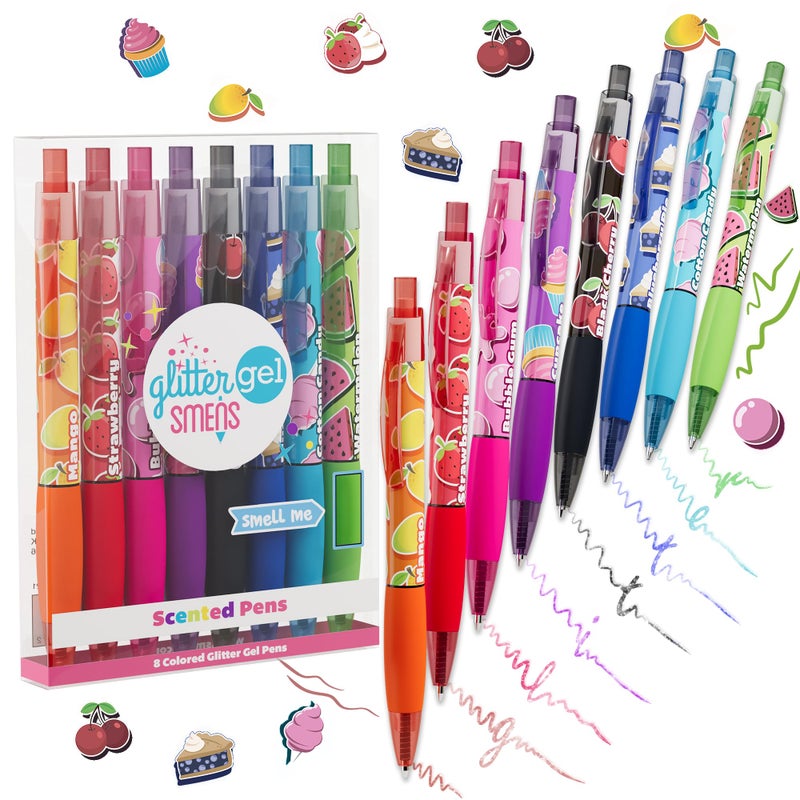 Scentco Glitter Gel Smens - Patented Gourmet Scented Colored Glitter Gel Ink Pens, Medium Point, 8 Count - Fun, Cute, Cool, Smelly Pens for Kids - Image 1